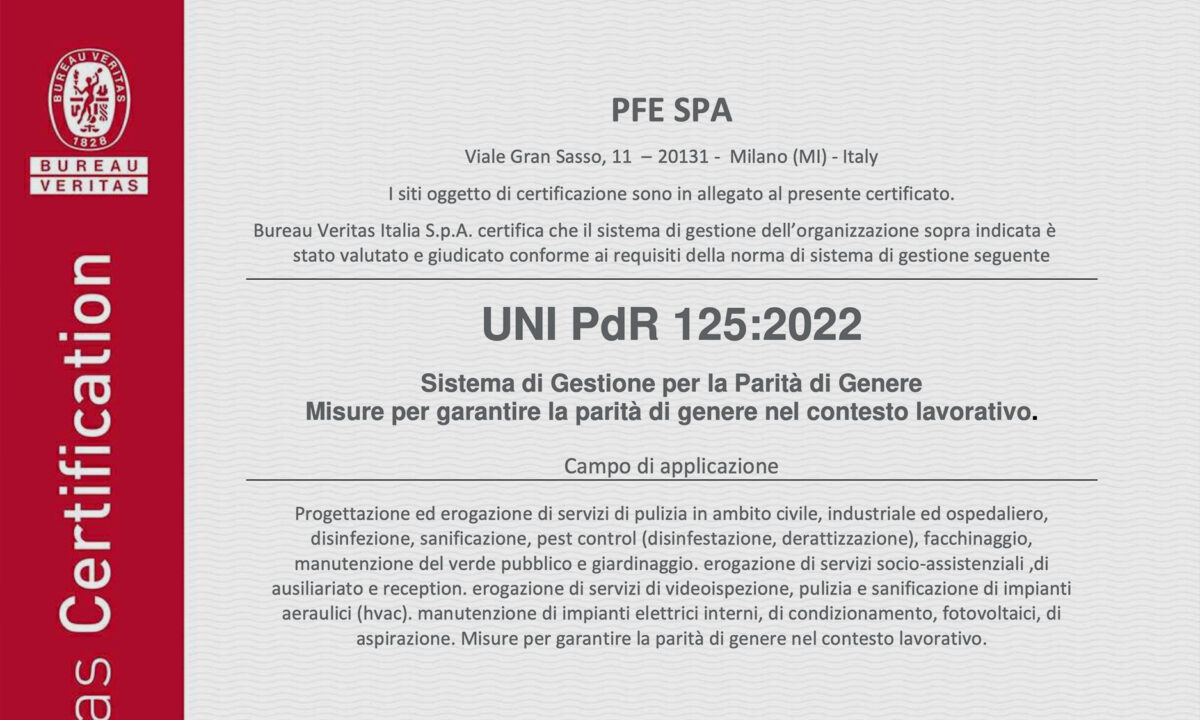 PFE ottiene la certificazione Bureau Veritas per la Parità di Genere