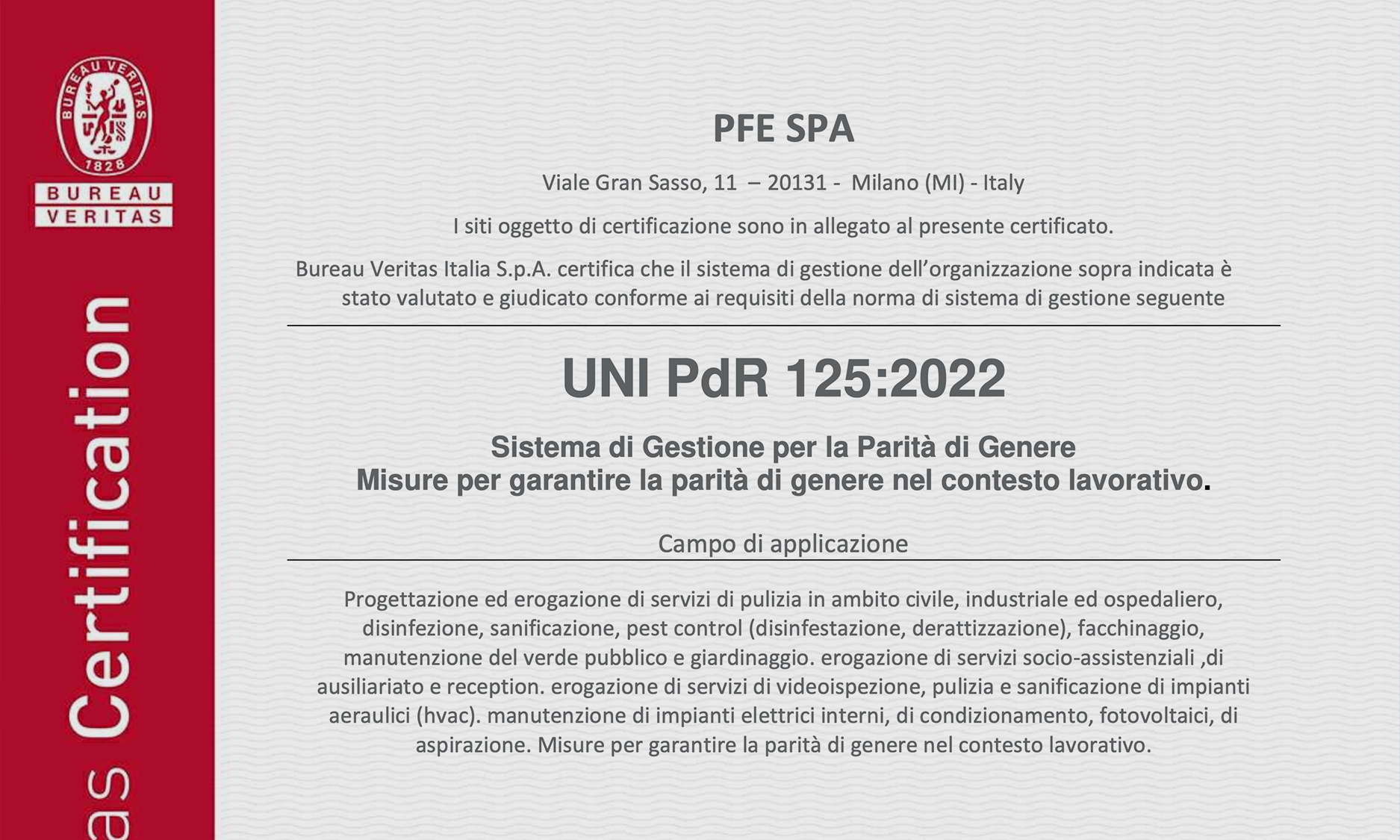 PFE ottiene la certificazione Bureau Veritas  per la Parità di Genere